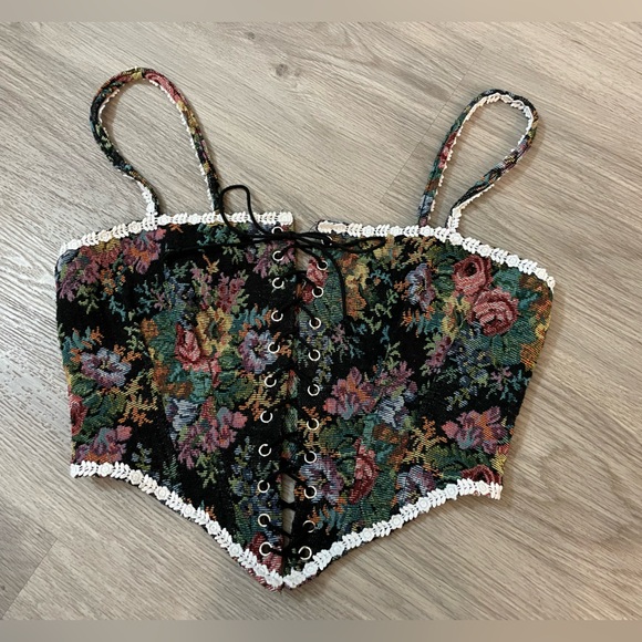 Floral tapestry lace-up corset vintage-style fairycore bustier tank top - Picture 5 of 10